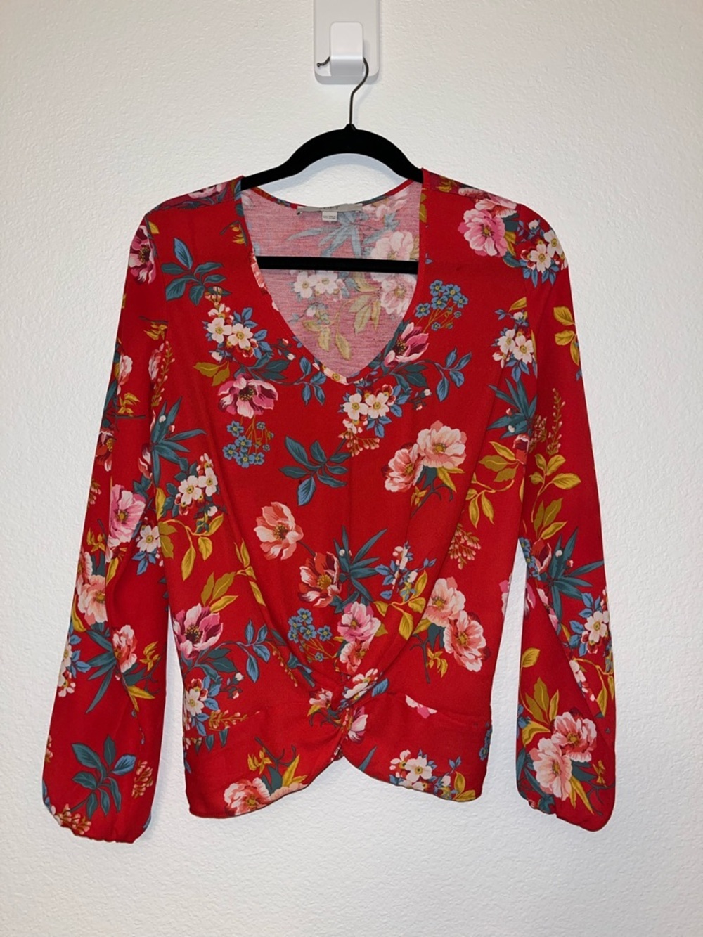 LOFT Red Floral V-Neck Twist-Front Blouse
